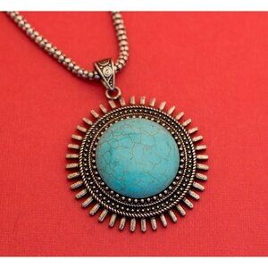 Mandala Silver and Teal Rays Necklace 23 Inches F18